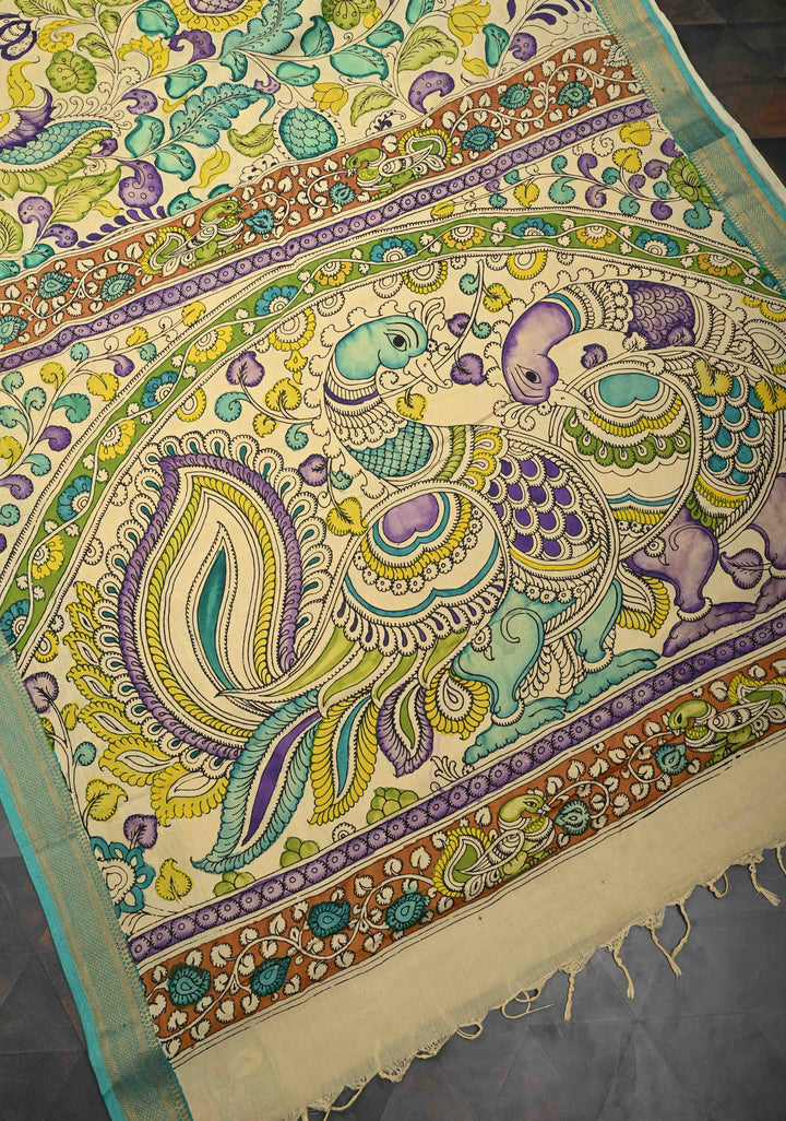 Annapakshi and Floral Theme : Beige Authentic Pen kalamkari on Mangalagiri Silk Saree with Zari Border