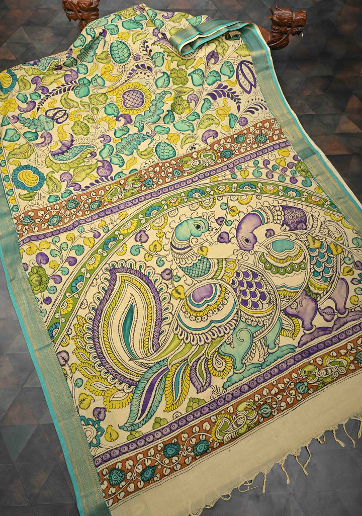 Annapakshi and Floral Theme : Beige Authentic Pen kalamkari on Mangalagiri Silk Saree with Zari Border