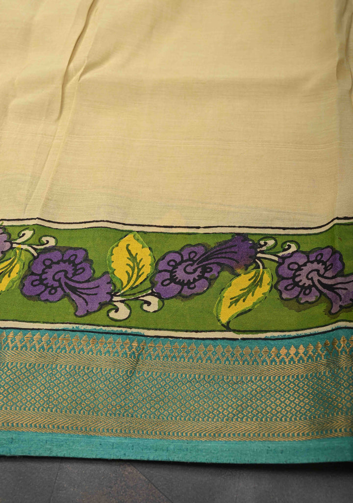 Annapakshi and Floral Theme : Beige Authentic Pen kalamkari on Mangalagiri Silk Saree with Zari Border