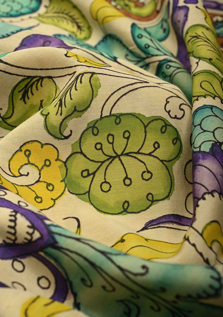 Annapakshi and Floral Theme : Beige Authentic Pen kalamkari on Mangalagiri Silk Saree with Zari Border