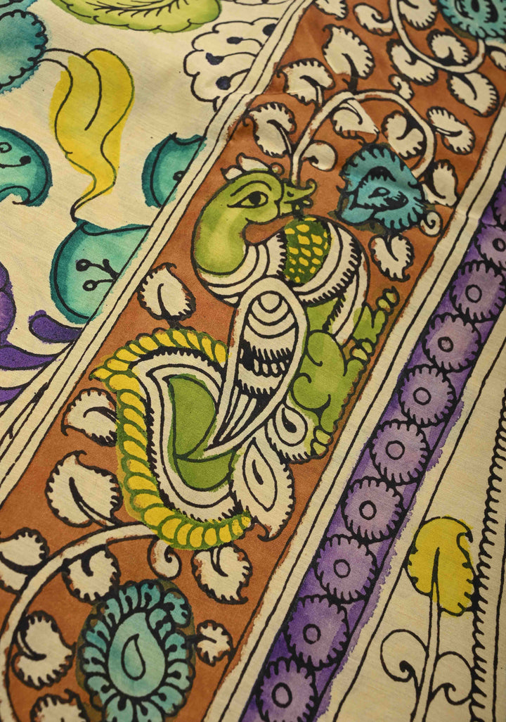 Annapakshi and Floral Theme : Beige Authentic Pen kalamkari on Mangalagiri Silk Saree with Zari Border