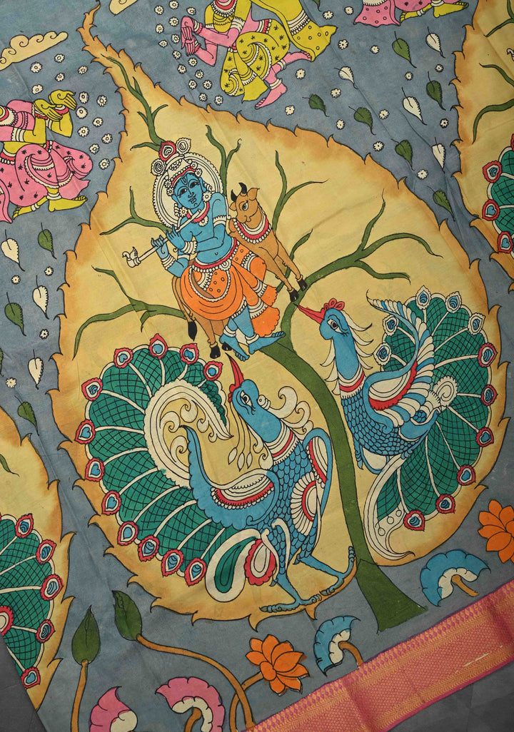 RadhaKrishna With Pichwai: Blue Authentic Pen kalamkari on Mangalagiri Silk Saree with Zari Border