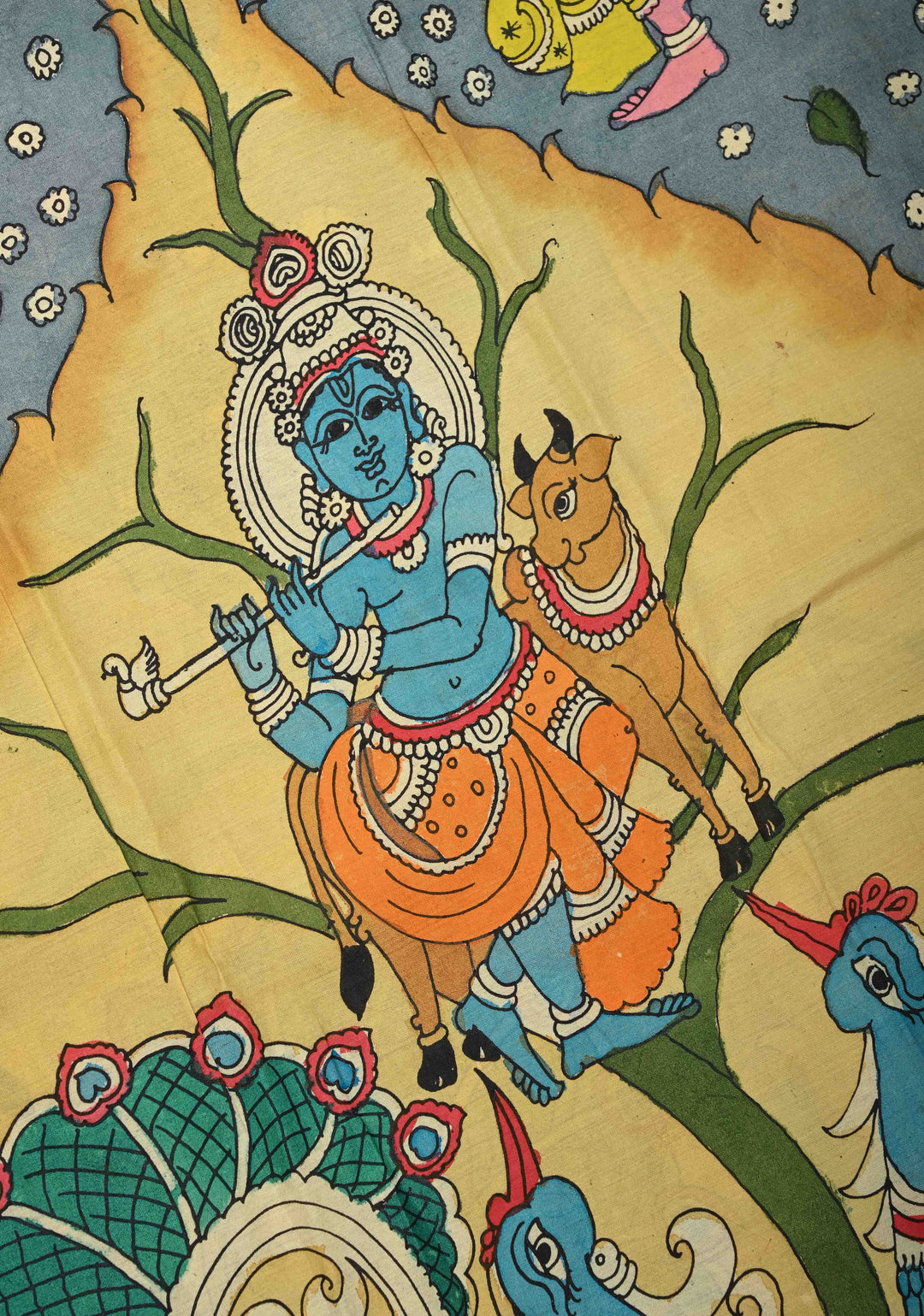 RadhaKrishna With Pichwai: Blue Authentic Pen kalamkari on Mangalagiri Silk Saree with Zari Border