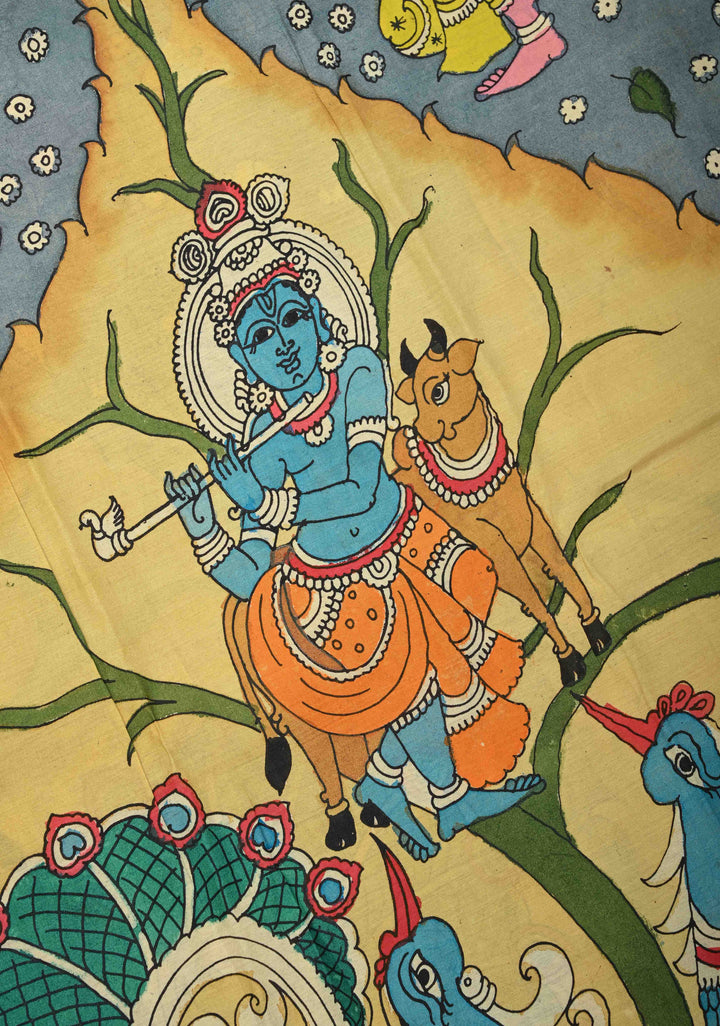 RadhaKrishna With Pichwai: Blue Authentic Pen kalamkari on Mangalagiri Silk Saree with Zari Border