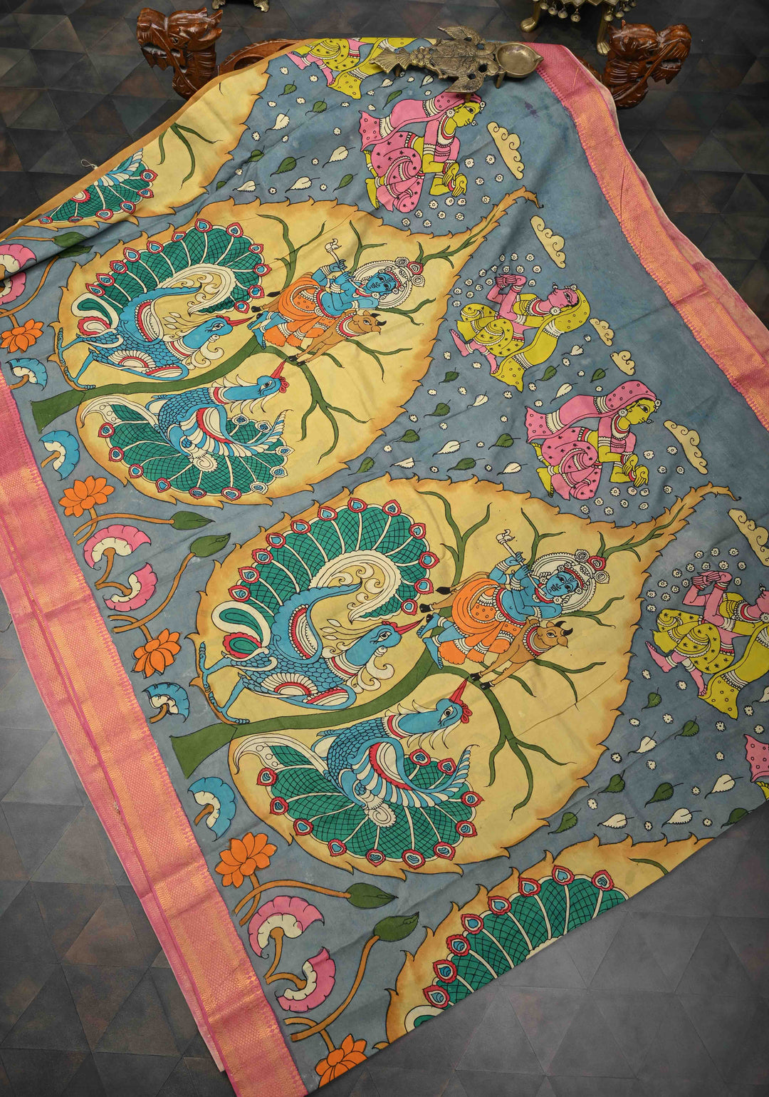 RadhaKrishna With Pichwai: Blue Authentic Pen kalamkari on Mangalagiri Silk Saree with Zari Border