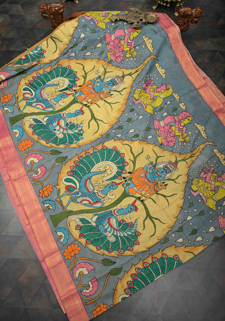 RadhaKrishna With Pichwai: Blue Authentic Pen kalamkari on Mangalagiri Silk Saree with Zari Border