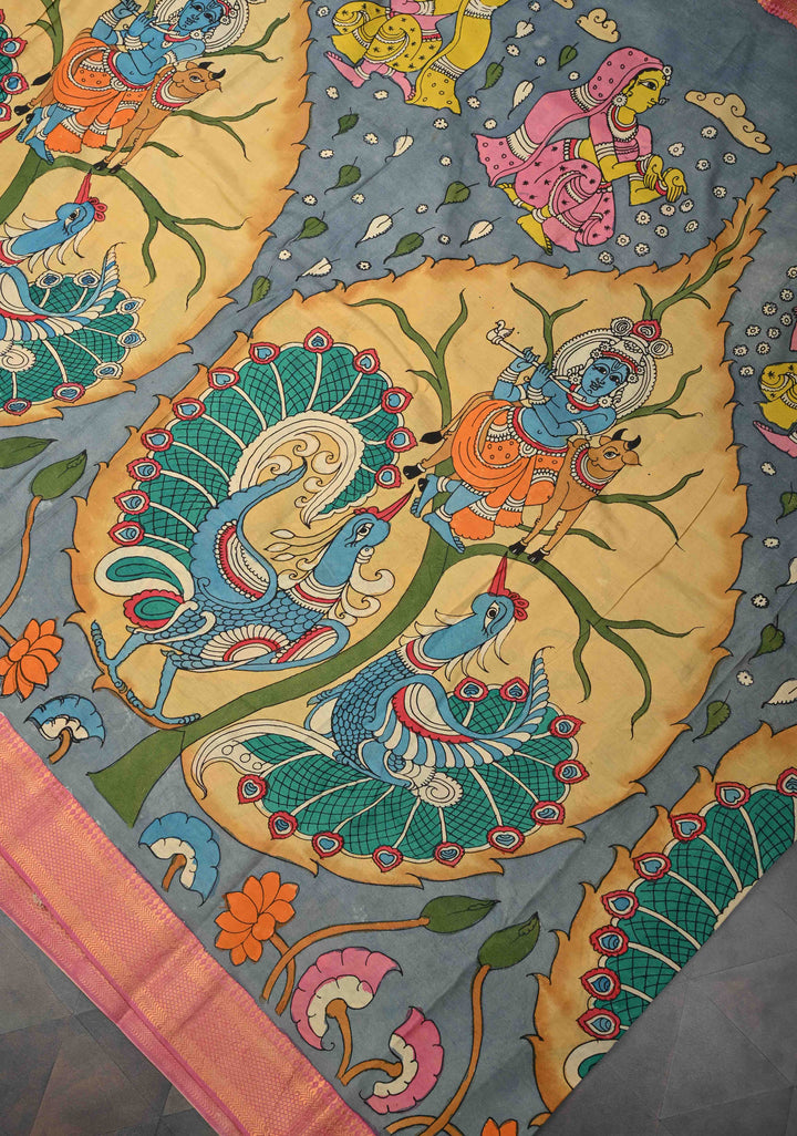 RadhaKrishna With Pichwai: Blue Authentic Pen kalamkari on Mangalagiri Silk Saree with Zari Border