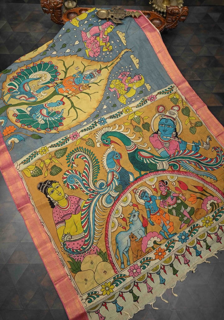 RadhaKrishna With Pichwai: Blue Authentic Pen kalamkari on Mangalagiri Silk Saree with Zari Border