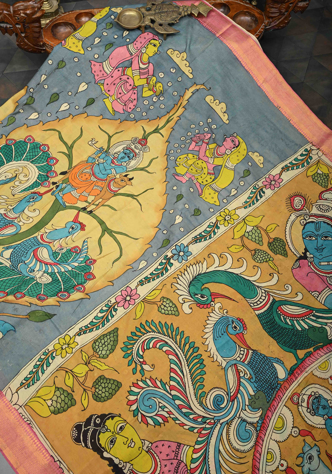 RadhaKrishna With Pichwai: Blue Authentic Pen kalamkari on Mangalagiri Silk Saree with Zari Border