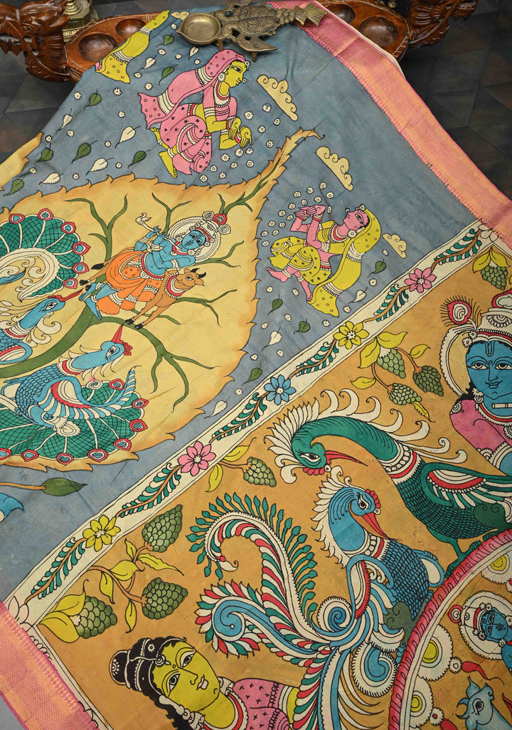 RadhaKrishna With Pichwai: Blue Authentic Pen kalamkari on Mangalagiri Silk Saree with Zari Border
