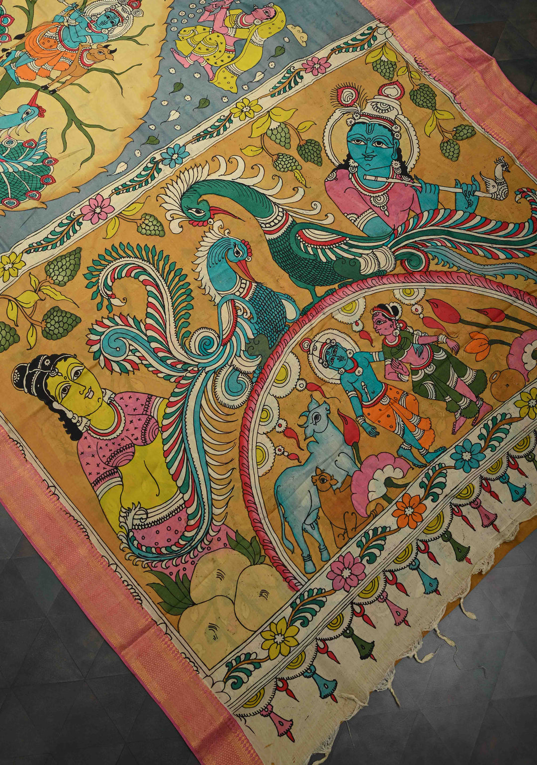 RadhaKrishna With Pichwai: Blue Authentic Pen kalamkari on Mangalagiri Silk Saree with Zari Border