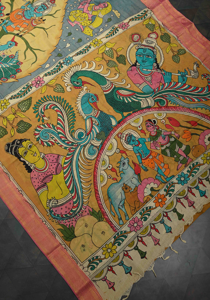 RadhaKrishna With Pichwai: Blue Authentic Pen kalamkari on Mangalagiri Silk Saree with Zari Border