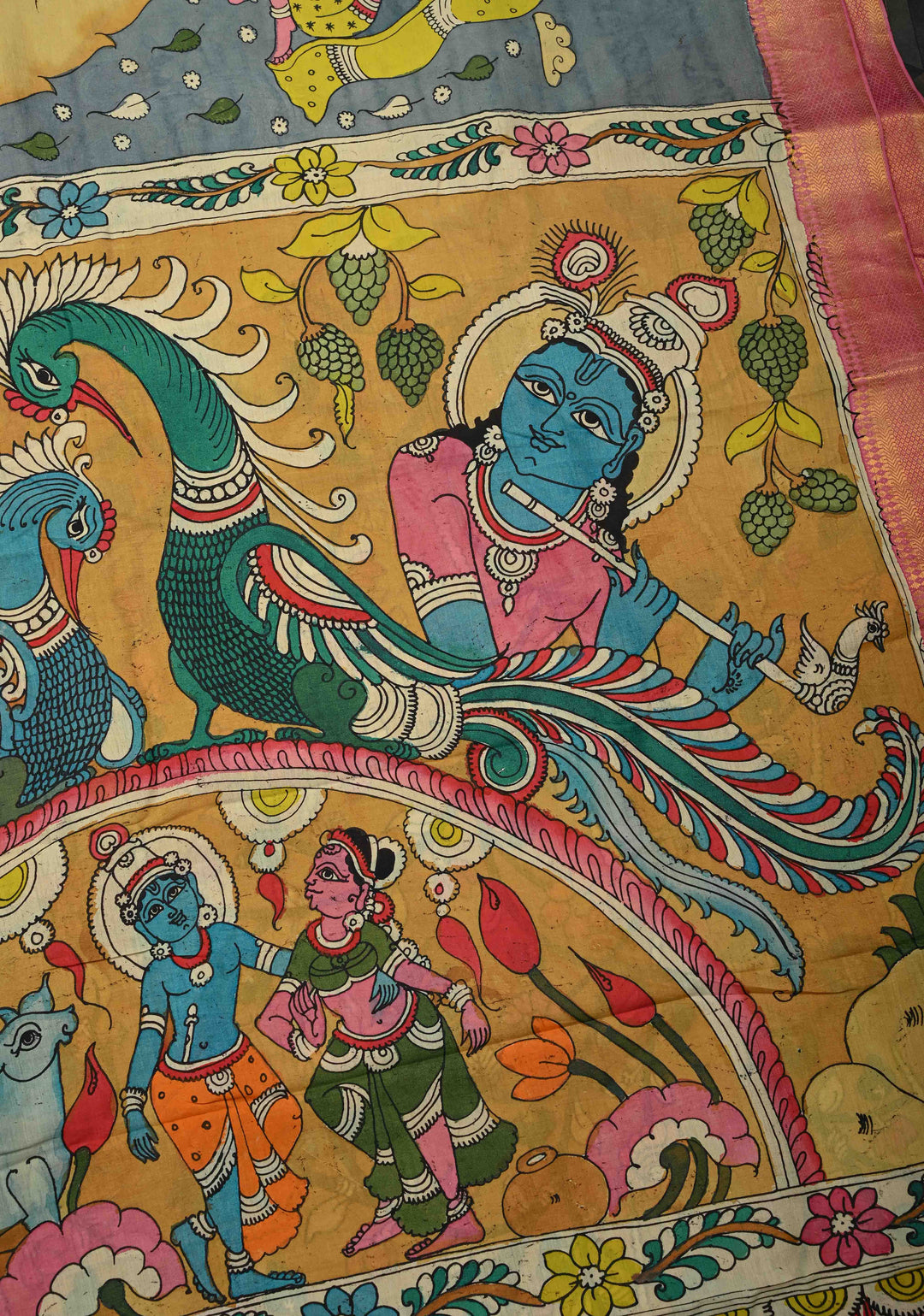 RadhaKrishna With Pichwai: Blue Authentic Pen kalamkari on Mangalagiri Silk Saree with Zari Border