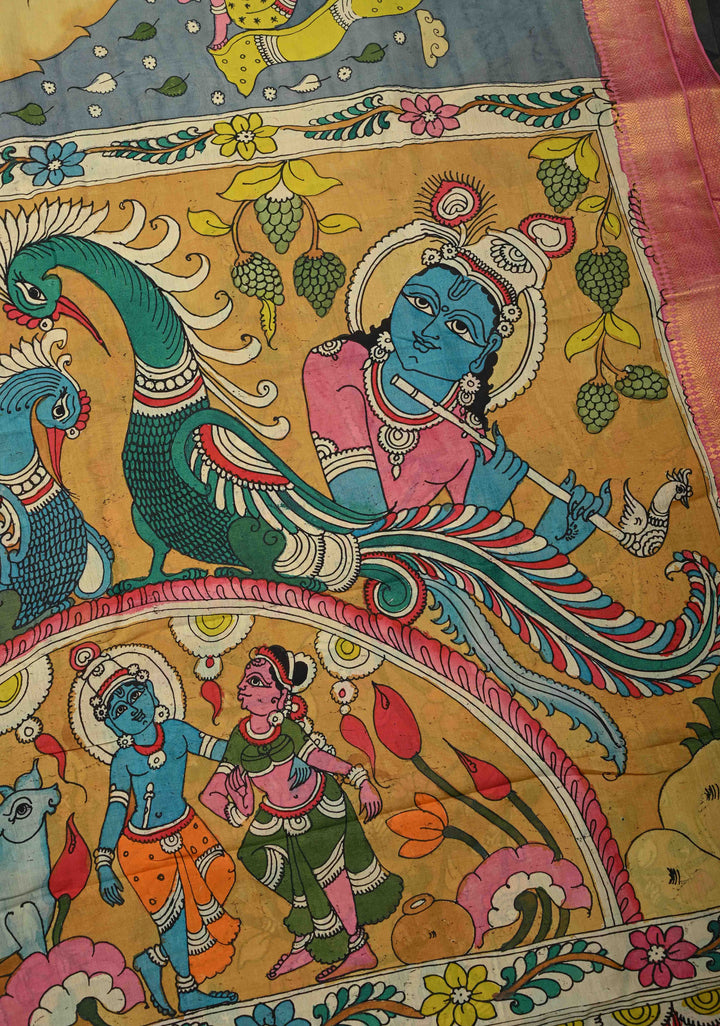 RadhaKrishna With Pichwai: Blue Authentic Pen kalamkari on Mangalagiri Silk Saree with Zari Border