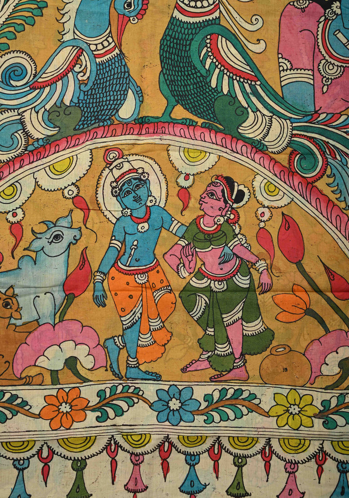 RadhaKrishna With Pichwai: Blue Authentic Pen kalamkari on Mangalagiri Silk Saree with Zari Border