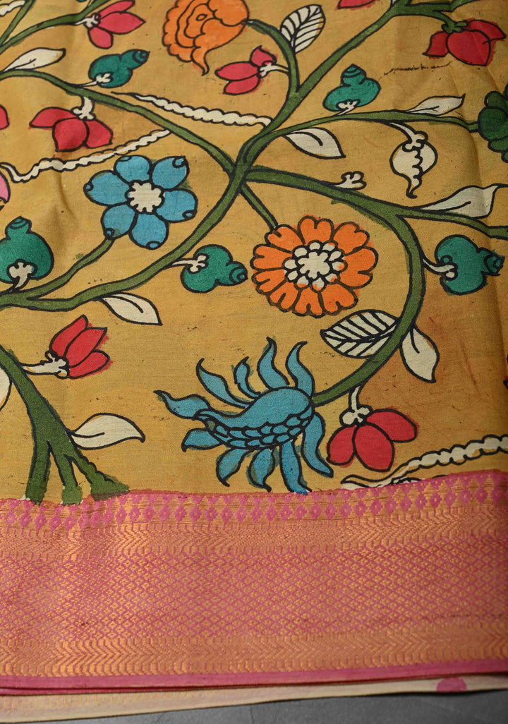 RadhaKrishna With Pichwai: Blue Authentic Pen kalamkari on Mangalagiri Silk Saree with Zari Border