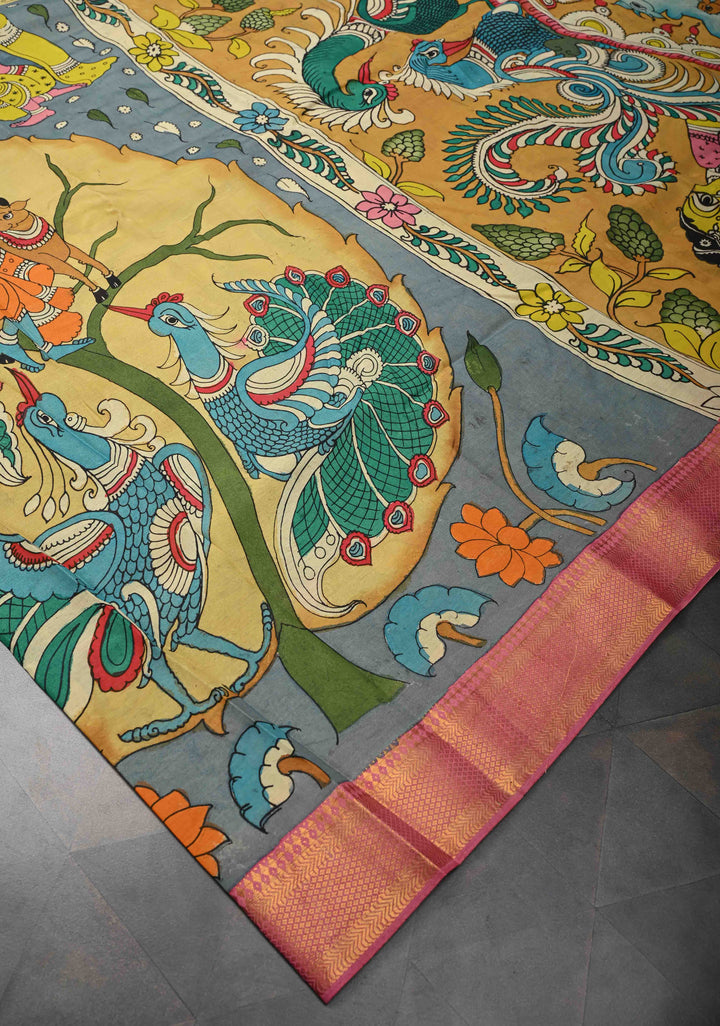 RadhaKrishna With Pichwai: Blue Authentic Pen kalamkari on Mangalagiri Silk Saree with Zari Border