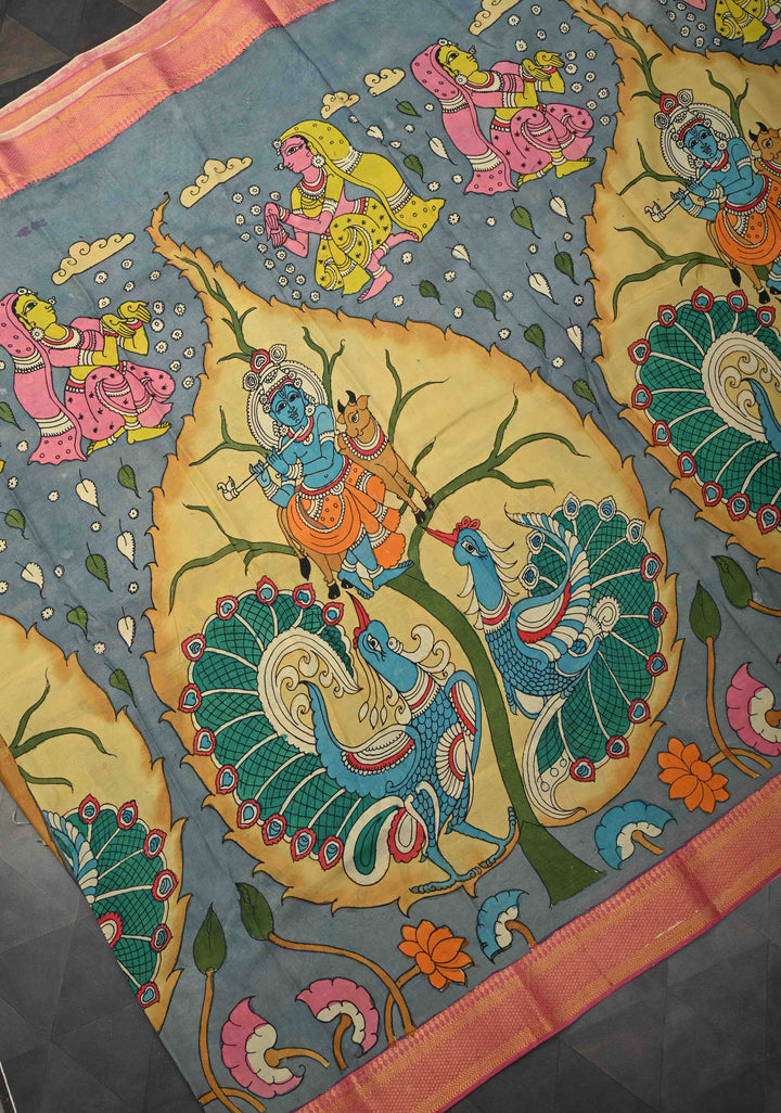 RadhaKrishna With Pichwai: Blue Authentic Pen kalamkari on Mangalagiri Silk Saree with Zari Border