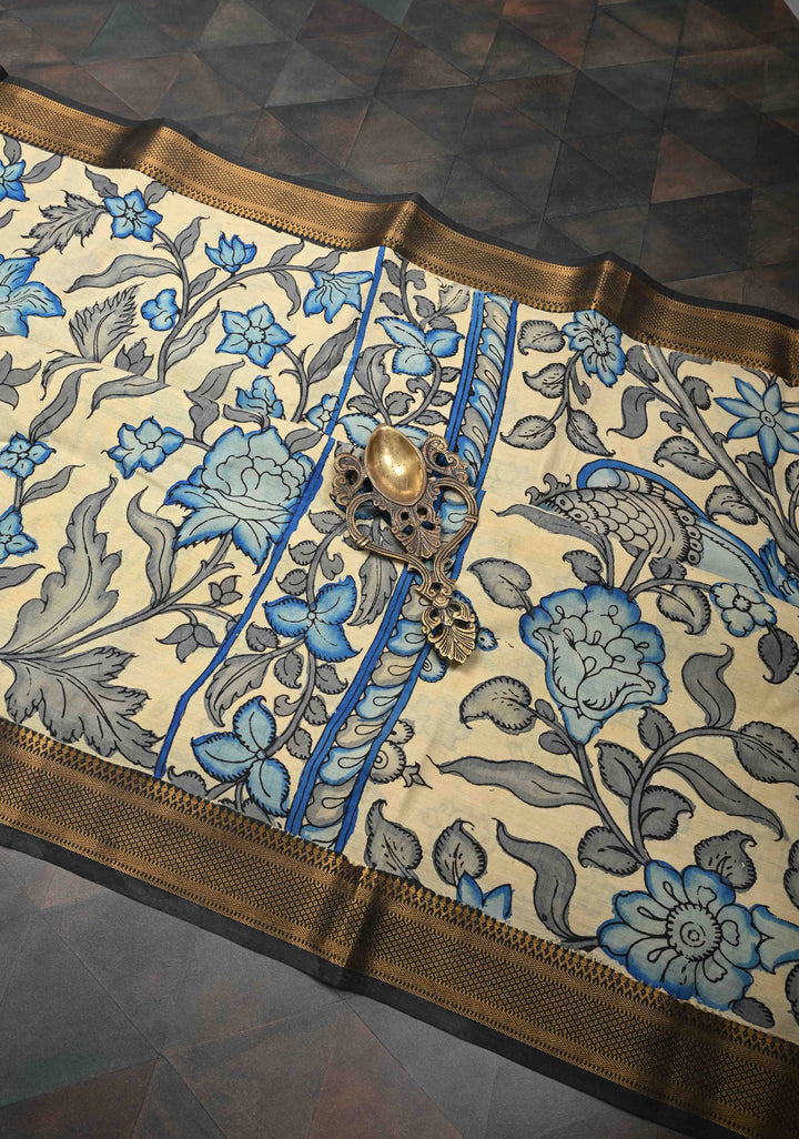 Peacock and Floral Theme : Beige Authentic Pen kalamkari on Mangalagiri Silk Saree with Zari Border
