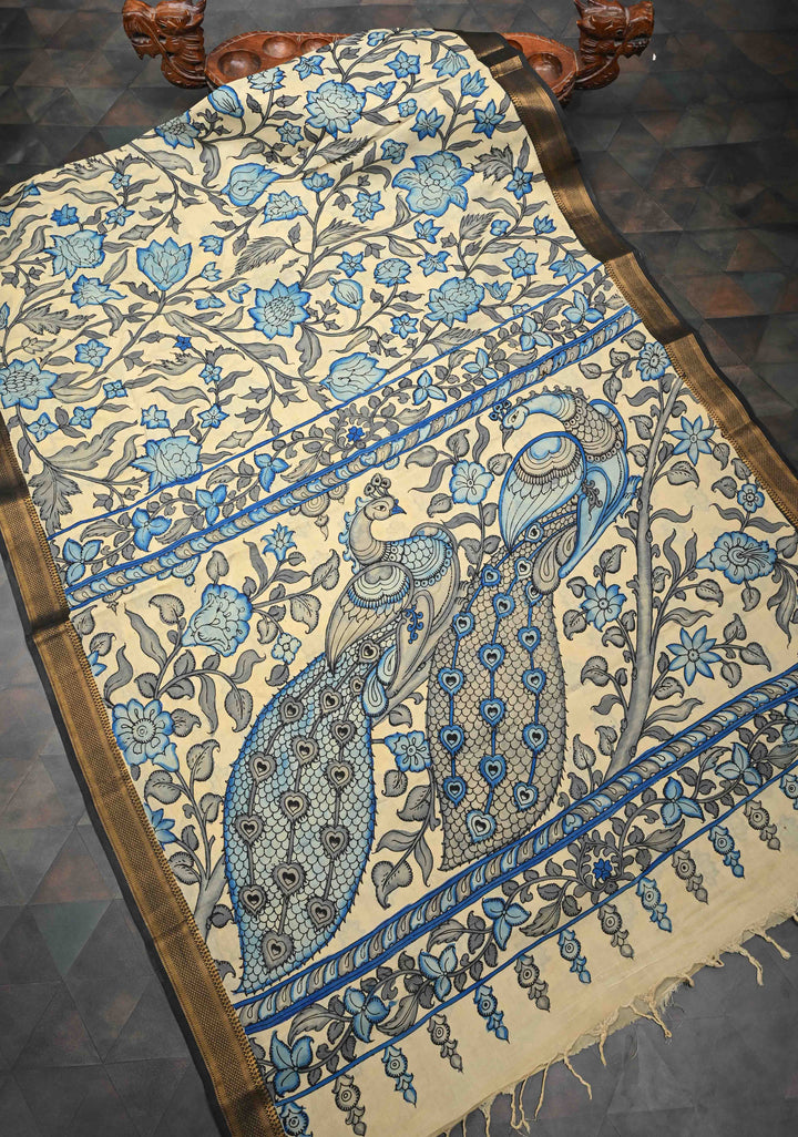 Peacock and Floral Theme : Beige Authentic Pen kalamkari on Mangalagiri Silk Saree with Zari Border