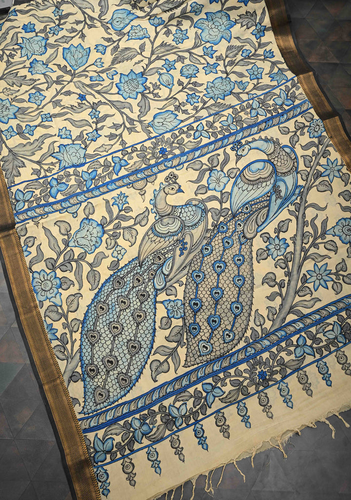 Peacock and Floral Theme : Beige Authentic Pen kalamkari on Mangalagiri Silk Saree with Zari Border
