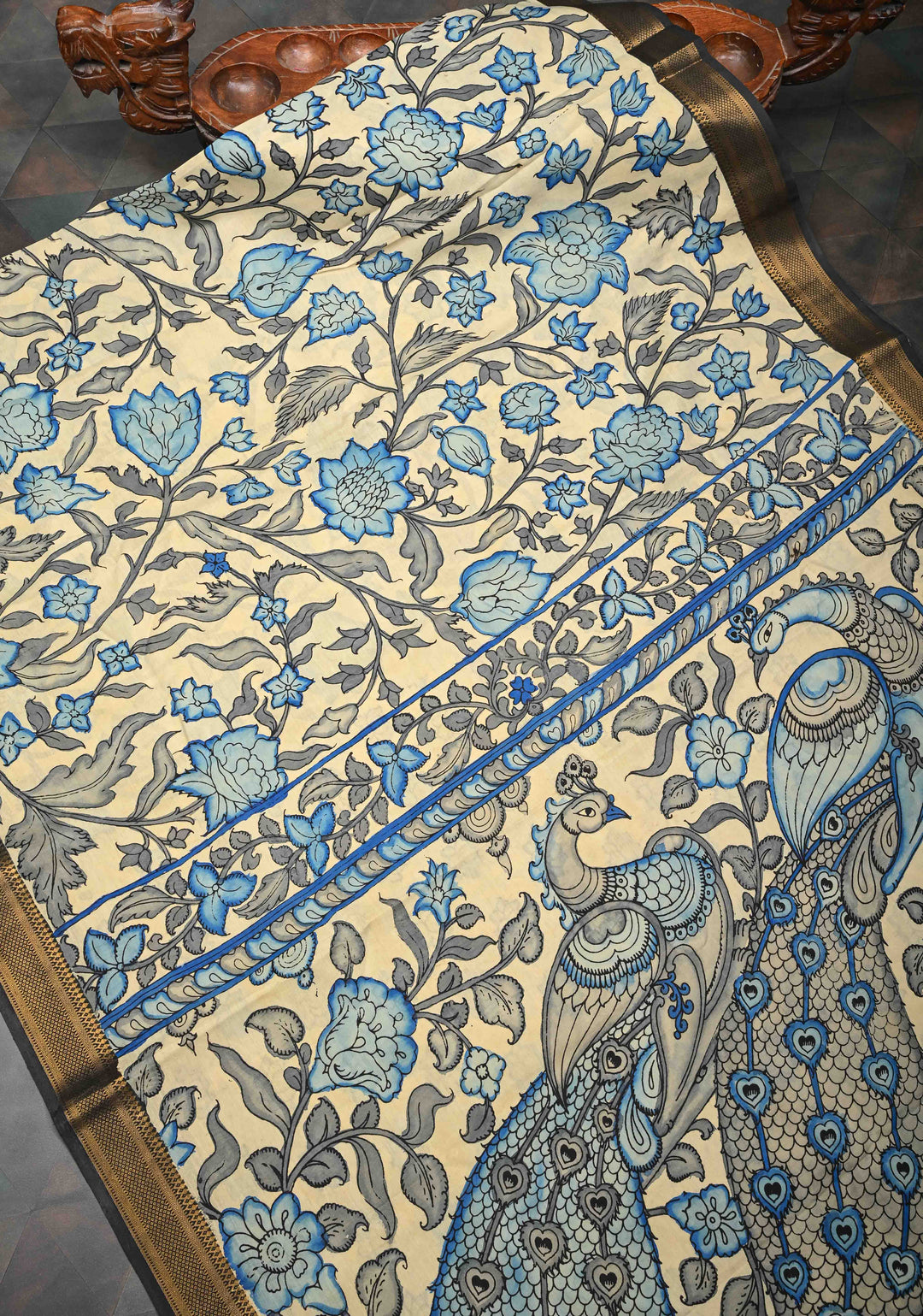Peacock and Floral Theme : Beige Authentic Pen kalamkari on Mangalagiri Silk Saree with Zari Border