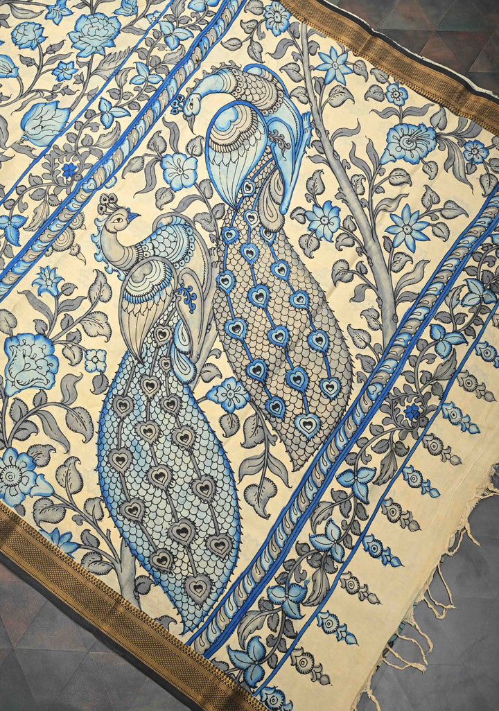 Peacock and Floral Theme : Beige Authentic Pen kalamkari on Mangalagiri Silk Saree with Zari Border