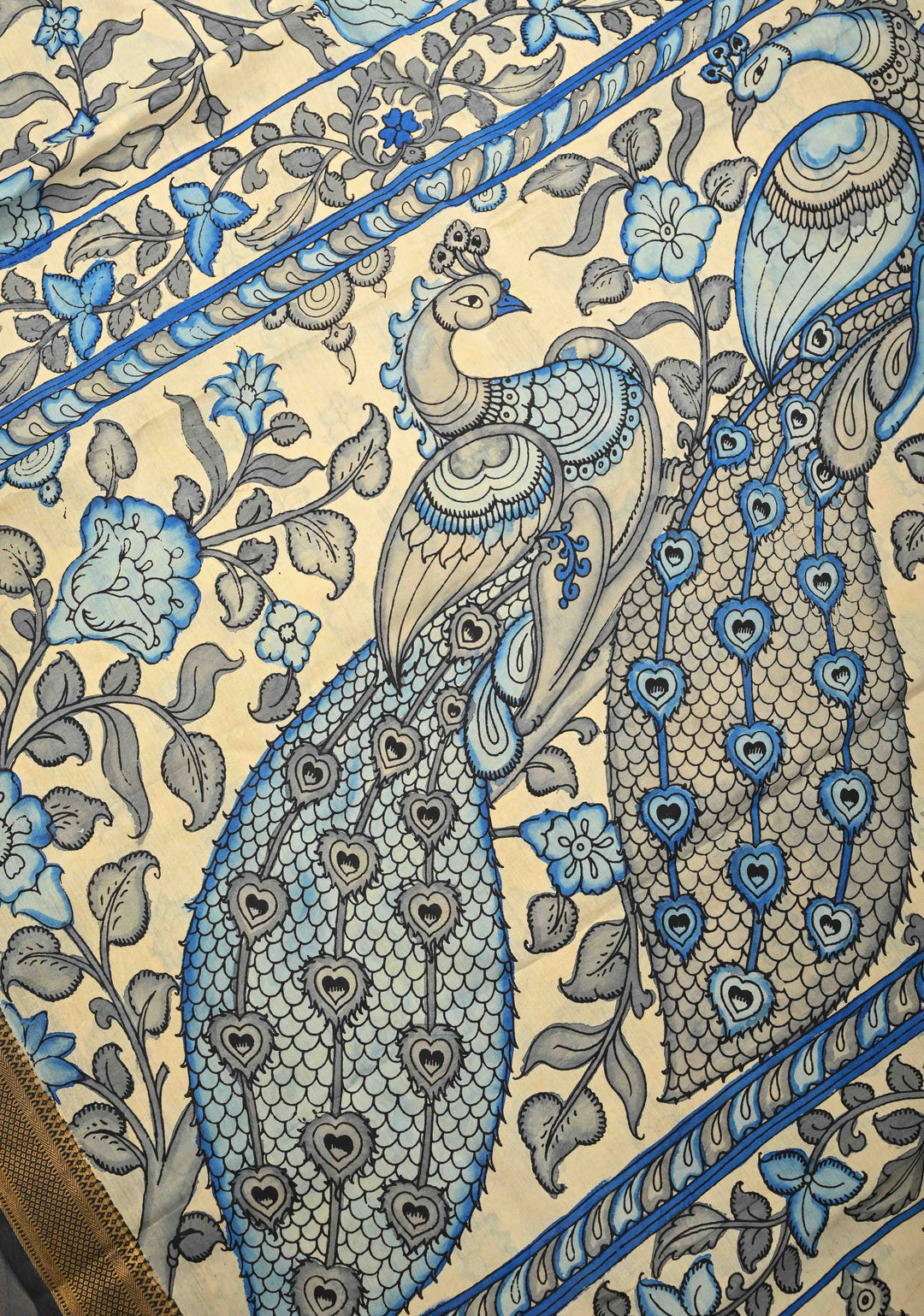 Peacock and Floral Theme : Beige Authentic Pen kalamkari on Mangalagiri Silk Saree with Zari Border