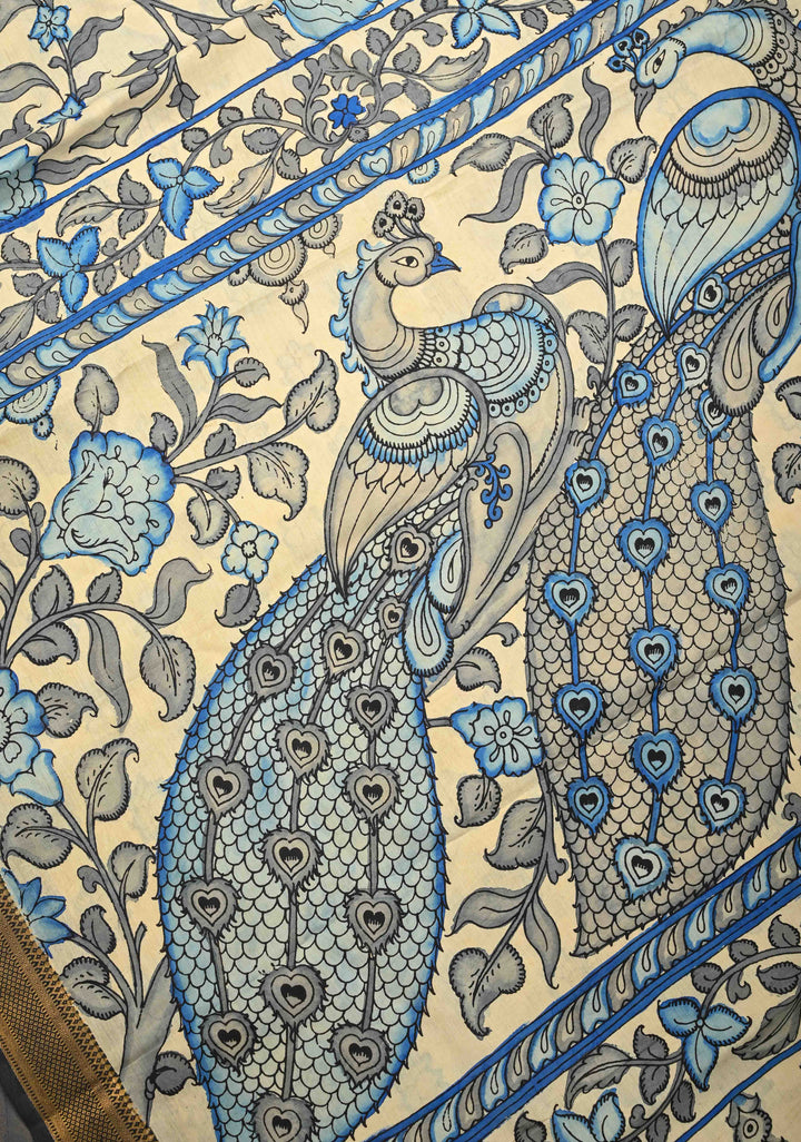 Peacock and Floral Theme : Beige Authentic Pen kalamkari on Mangalagiri Silk Saree with Zari Border