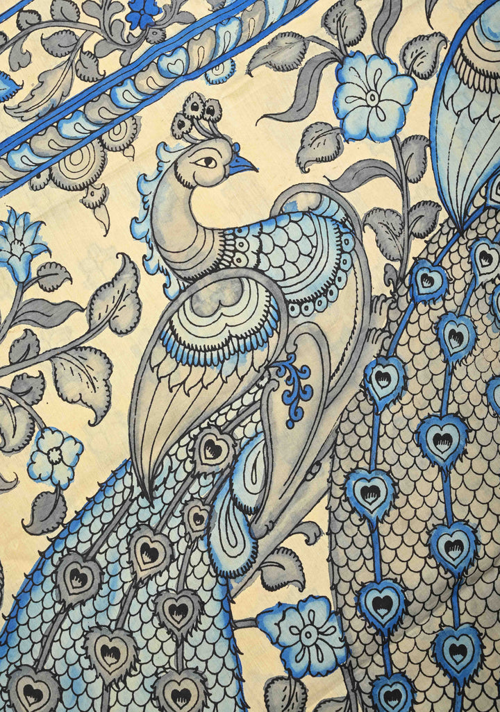 Peacock and Floral Theme : Beige Authentic Pen kalamkari on Mangalagiri Silk Saree with Zari Border