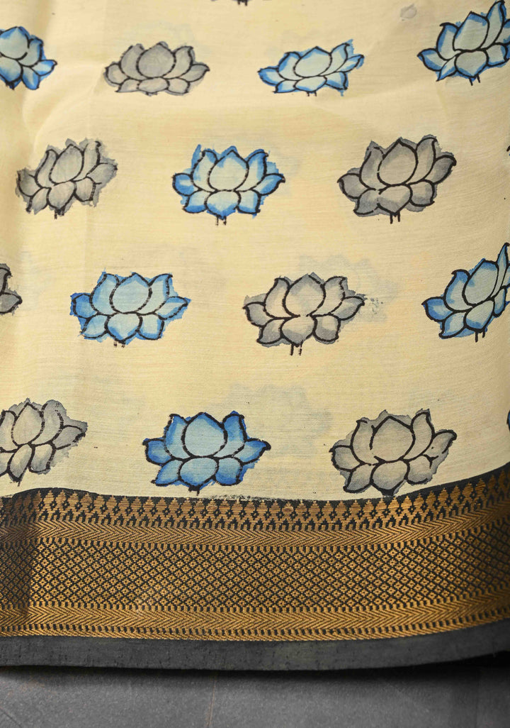 Peacock and Floral Theme : Beige Authentic Pen kalamkari on Mangalagiri Silk Saree with Zari Border