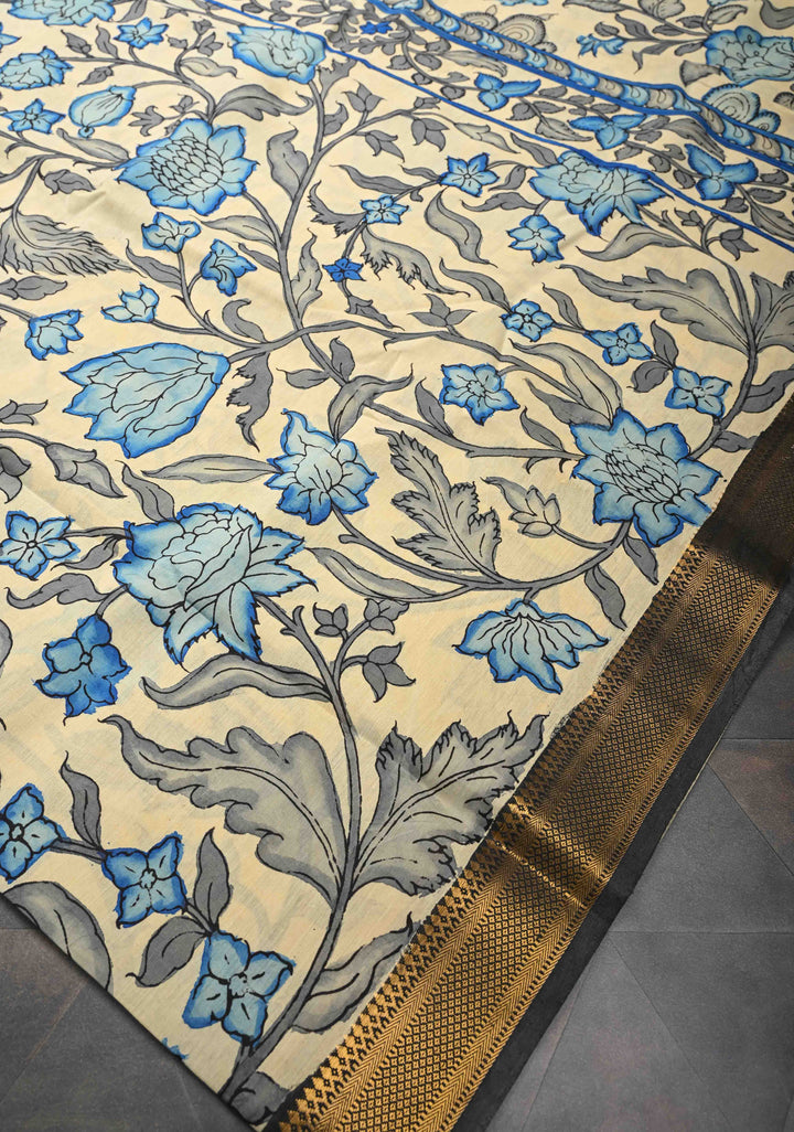 Peacock and Floral Theme : Beige Authentic Pen kalamkari on Mangalagiri Silk Saree with Zari Border