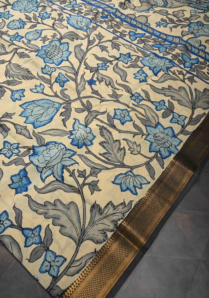 Peacock and Floral Theme : Beige Authentic Pen kalamkari on Mangalagiri Silk Saree with Zari Border