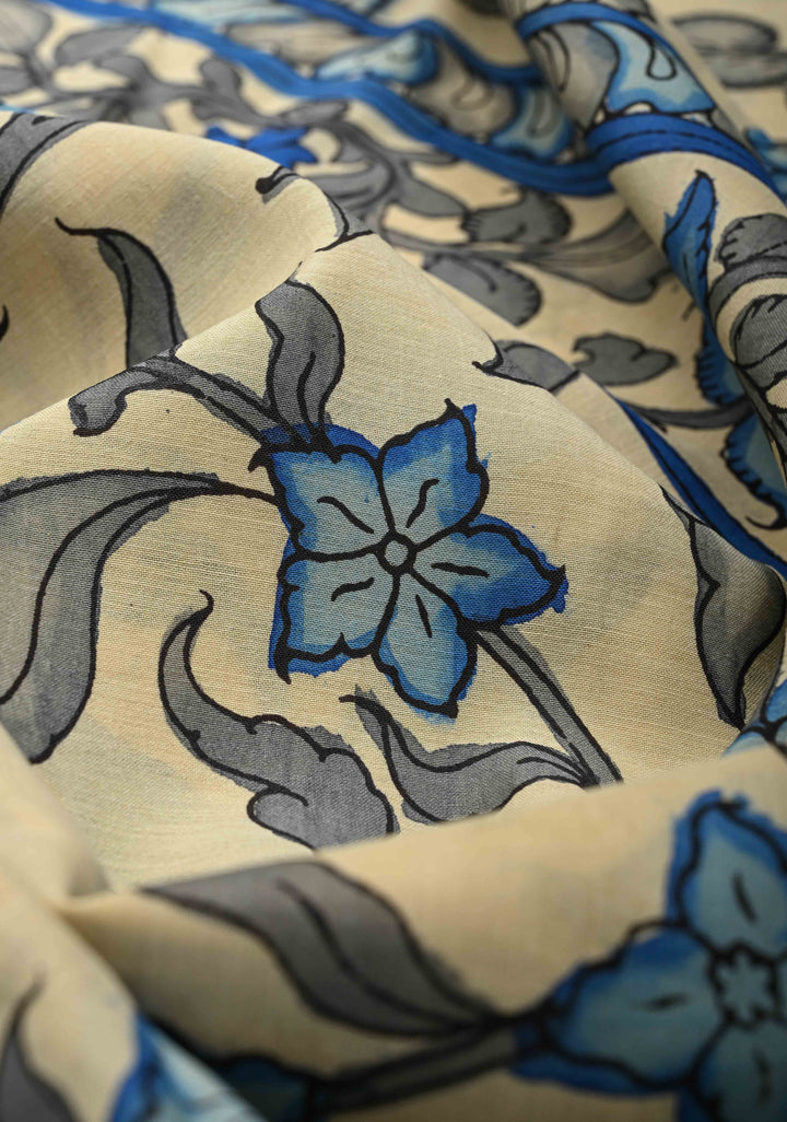 Peacock and Floral Theme : Beige Authentic Pen kalamkari on Mangalagiri Silk Saree with Zari Border