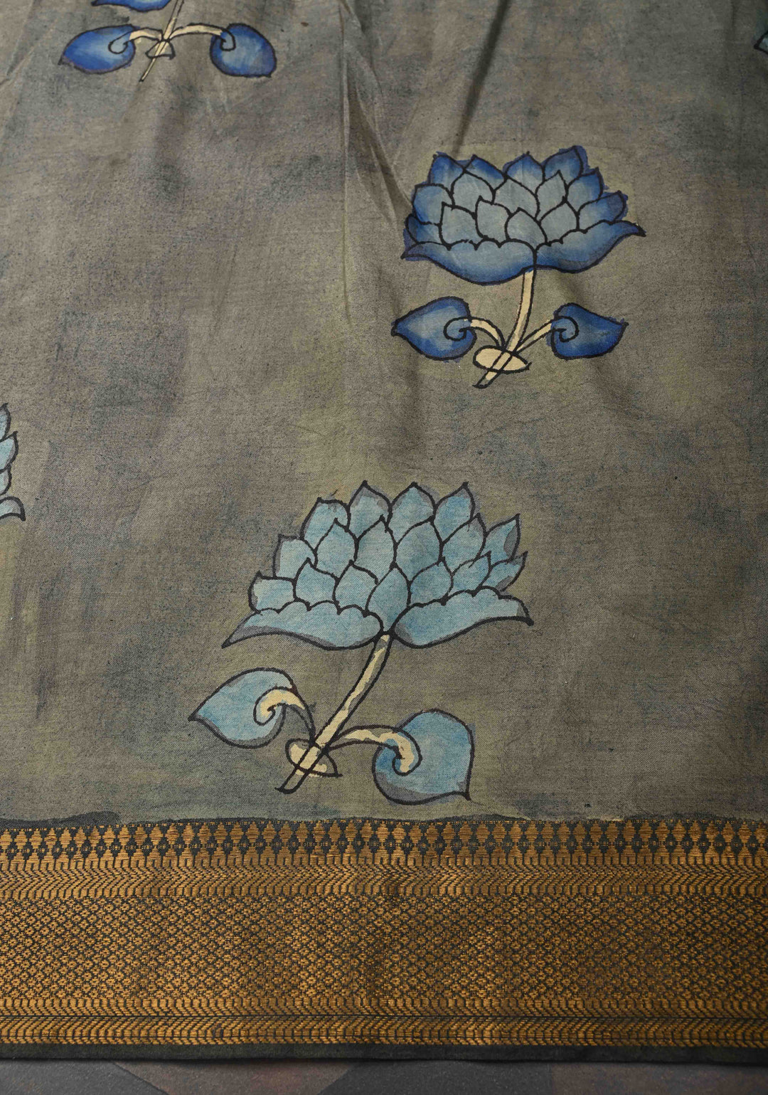 Lotus Theme : Blue Authentic Pen kalamkari on Mangalagiri Silk Saree with Zari Border