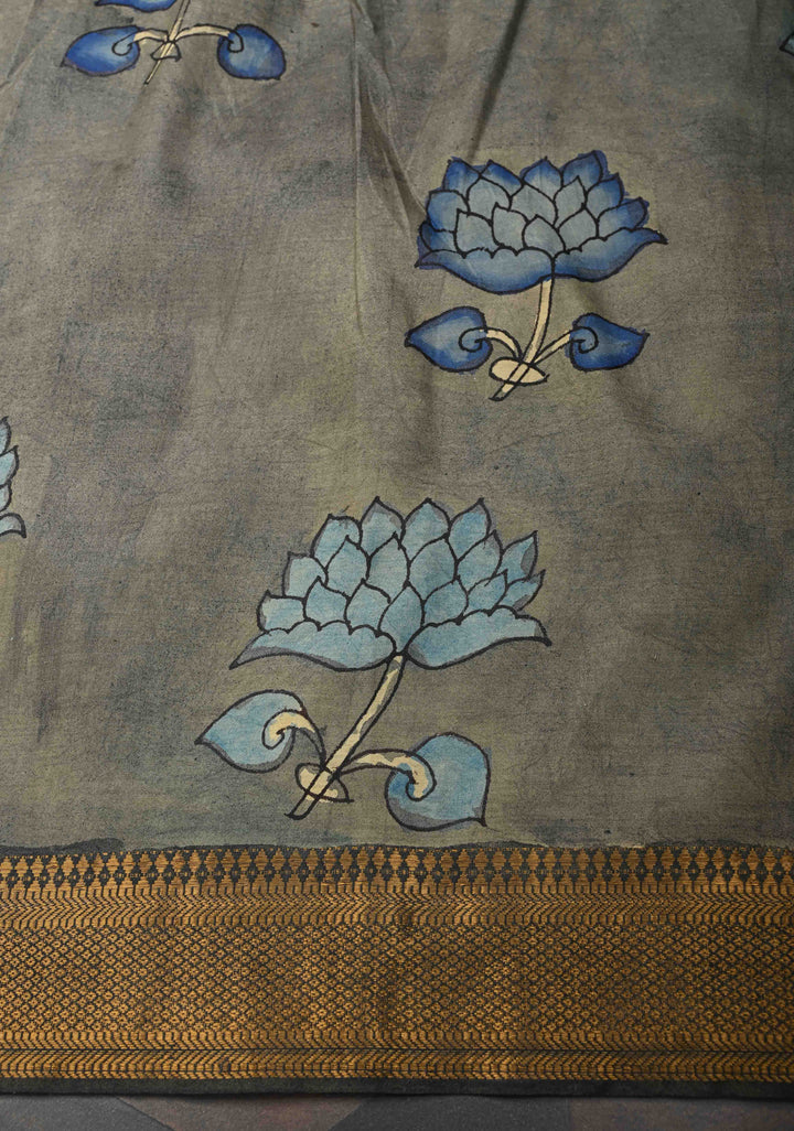 Lotus Theme : Blue Authentic Pen kalamkari on Mangalagiri Silk Saree with Zari Border
