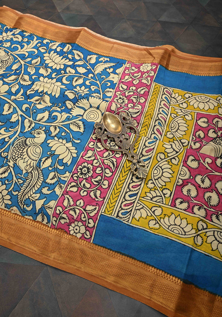 Peacock and Floral Theme : Blue Authentic Pen kalamkari on Mangalagiri Silk Saree with Zari Border