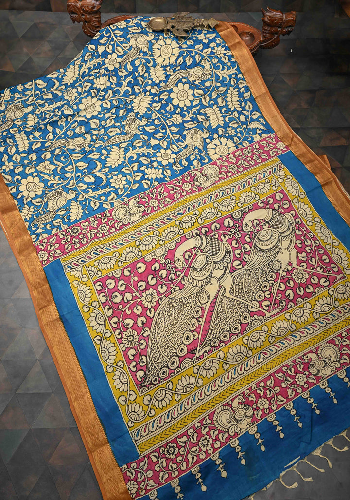 Peacock and Floral Theme : Blue Authentic Pen kalamkari on Mangalagiri Silk Saree with Zari Border