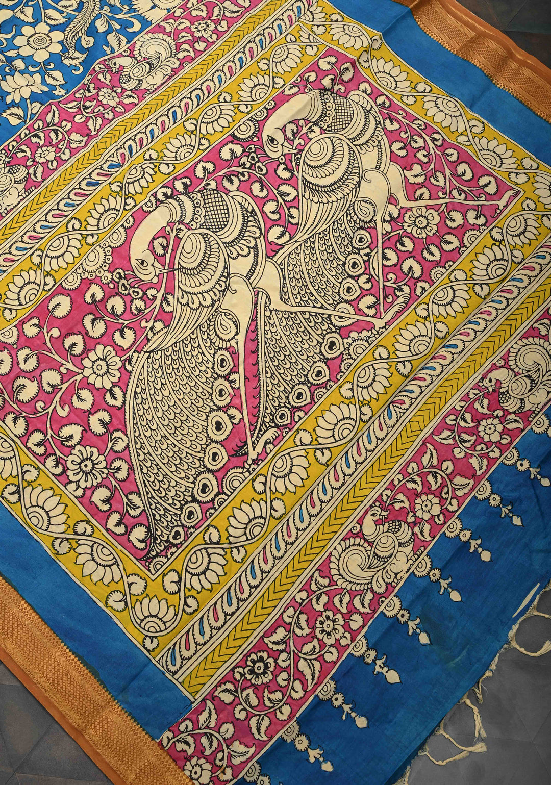 Peacock and Floral Theme : Blue Authentic Pen kalamkari on Mangalagiri Silk Saree with Zari Border