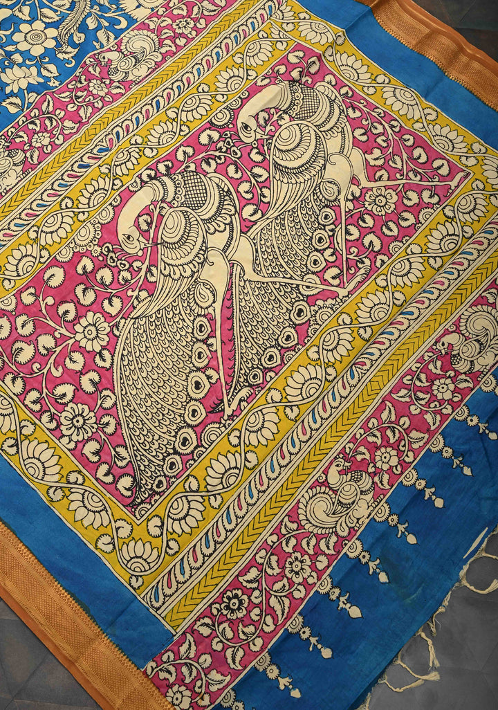 Peacock and Floral Theme : Blue Authentic Pen kalamkari on Mangalagiri Silk Saree with Zari Border