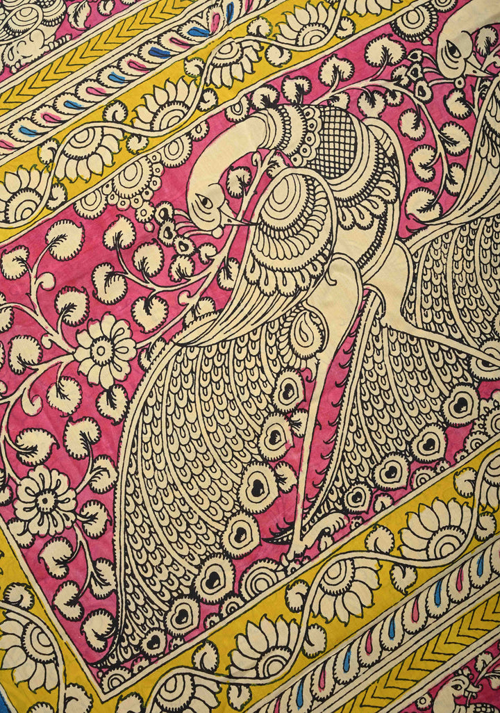 Peacock and Floral Theme : Blue Authentic Pen kalamkari on Mangalagiri Silk Saree with Zari Border