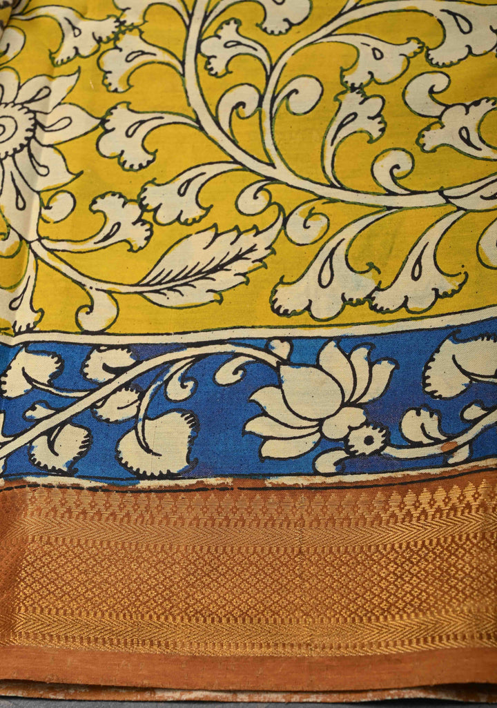 Peacock and Floral Theme : Blue Authentic Pen kalamkari on Mangalagiri Silk Saree with Zari Border