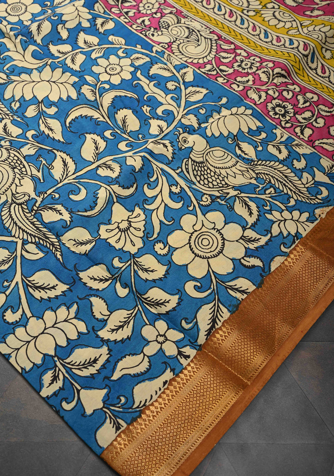 Peacock and Floral Theme : Blue Authentic Pen kalamkari on Mangalagiri Silk Saree with Zari Border