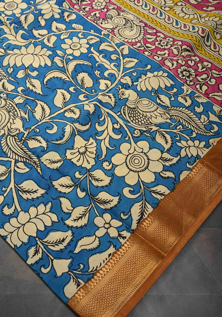 Peacock and Floral Theme : Blue Authentic Pen kalamkari on Mangalagiri Silk Saree with Zari Border