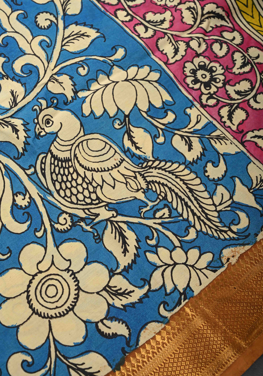 Peacock and Floral Theme : Blue Authentic Pen kalamkari on Mangalagiri Silk Saree with Zari Border