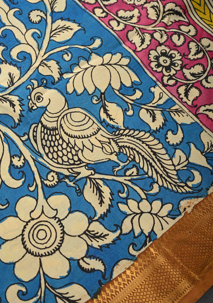 Peacock and Floral Theme : Blue Authentic Pen kalamkari on Mangalagiri Silk Saree with Zari Border