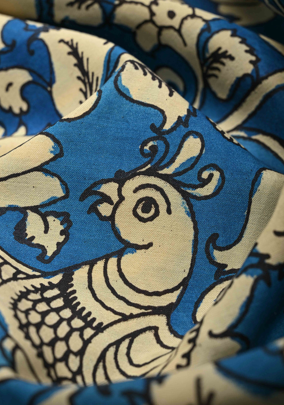 Peacock and Floral Theme : Blue Authentic Pen kalamkari on Mangalagiri Silk Saree with Zari Border