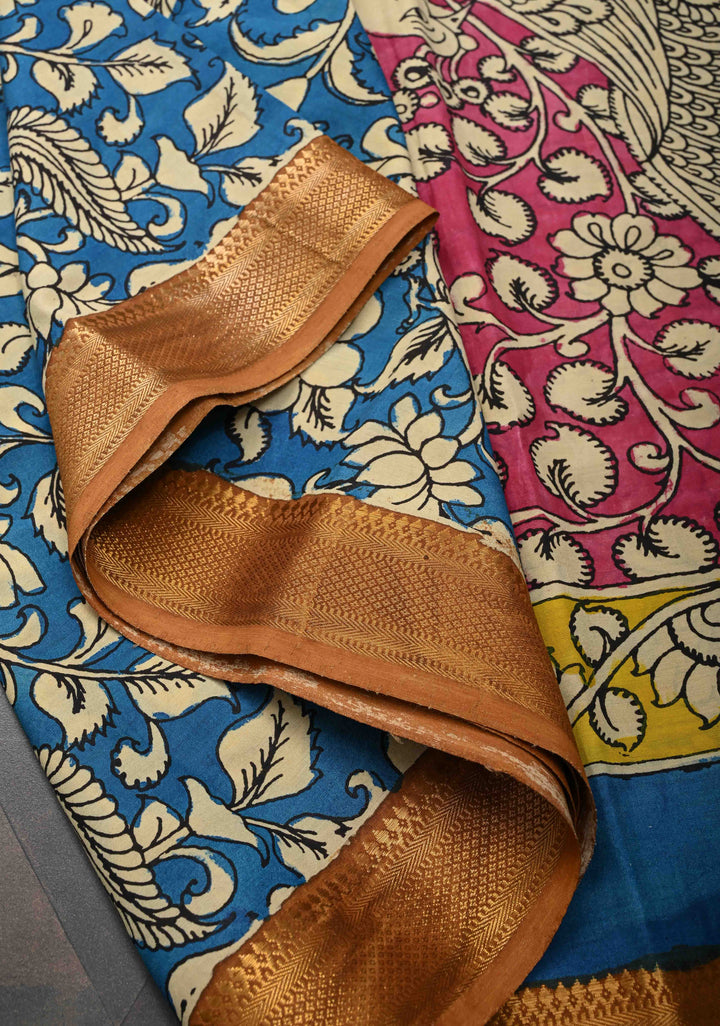 Peacock and Floral Theme : Blue Authentic Pen kalamkari on Mangalagiri Silk Saree with Zari Border
