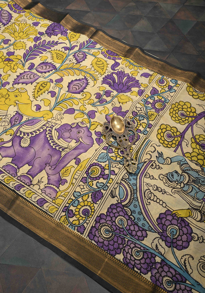 Elephant and Floral Theme : Beige Authentic Pen kalamkari on Mangalagiri Silk Saree with Zari Border