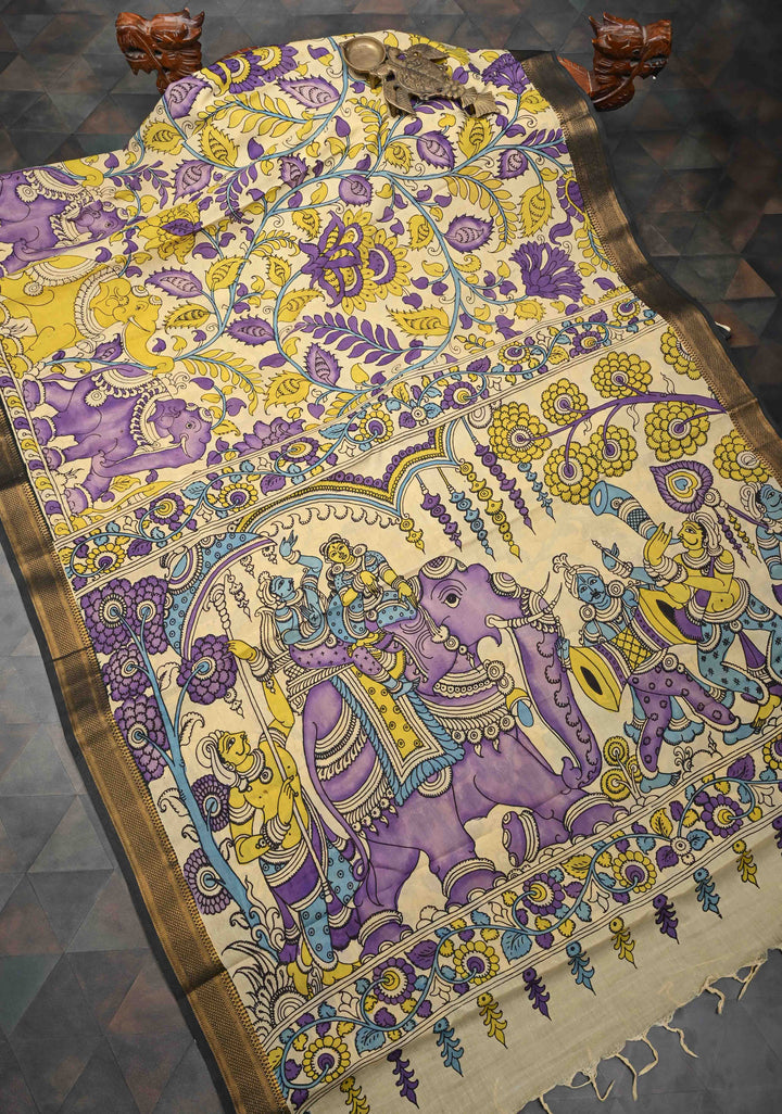 Elephant and Floral Theme : Beige Authentic Pen kalamkari on Mangalagiri Silk Saree with Zari Border